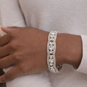 Art Deco Rhinestone Stretch Bracelet Silver Tone